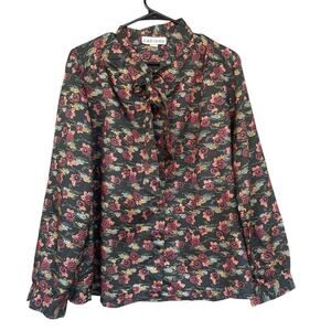 Vintage Caribou Womens Blouse‎ Extra Large XL Button Up Floral Bow Black